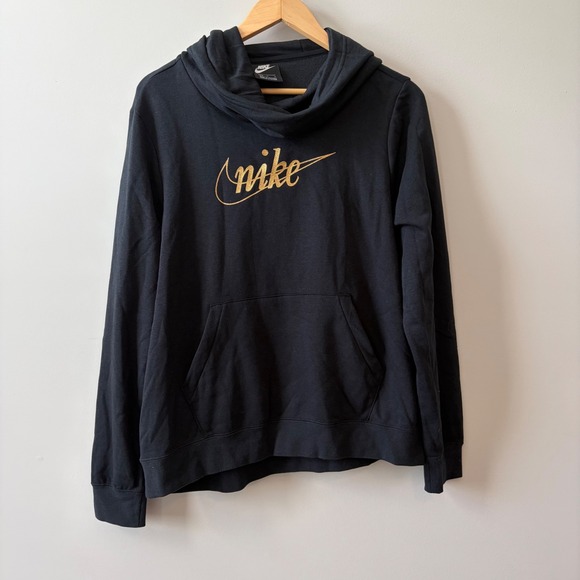 Nike Tops - Nike Womens Cowl Neck Hoodie Black Metallic Gold Script Logo Pullover Large